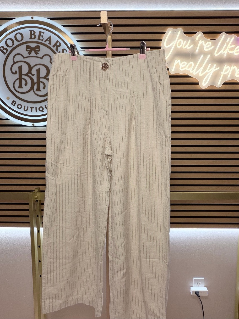 Commense Cream Pinstripe Straight-Leg Trousers